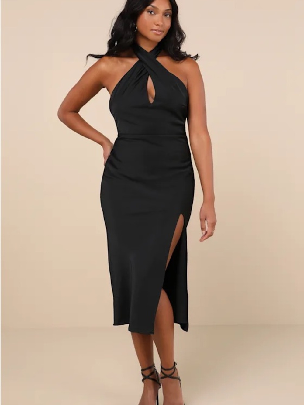 Lulu's Black Crisscross Halter Midi Dress with Side Slit